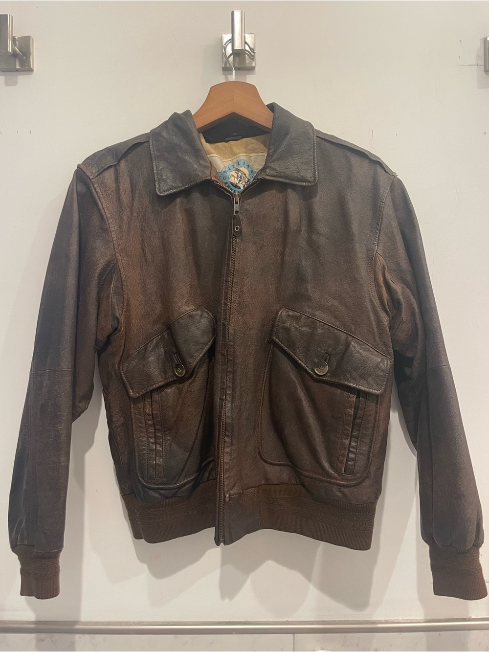 Brown Leather Bomber Jacket - Classic Zip Front